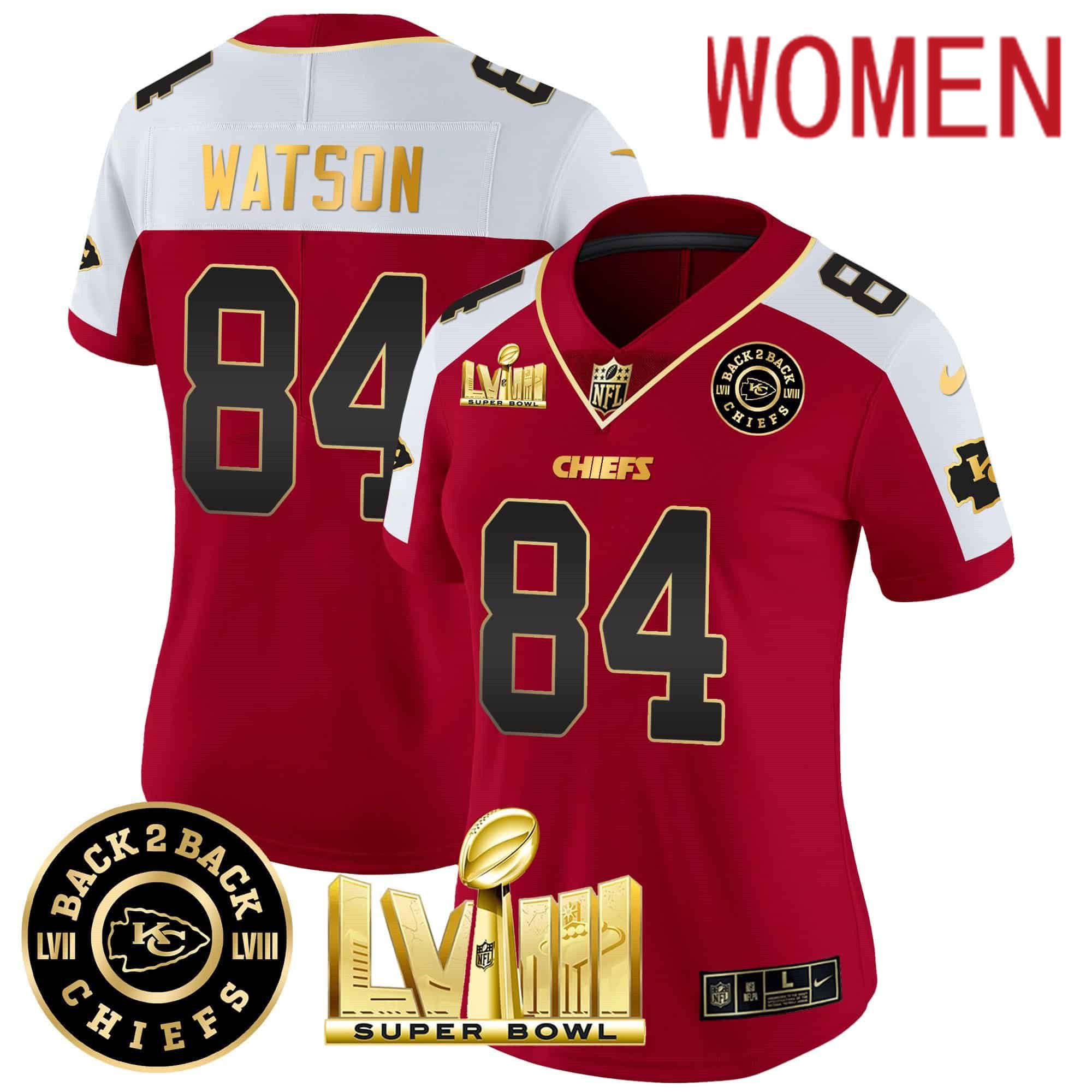 Women Kansas City Chiefs #84 Watson Red 2024 Nike Super Bowl LVIII & Back-2-Back Patch Vapor NFL Jersey->women nfl jersey->Women Jersey